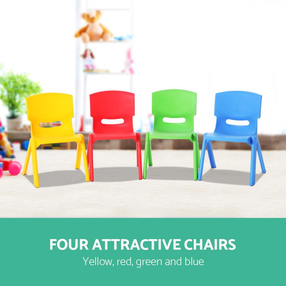 Keezi Set of 4 colorful kids play chairs in yellow, red, green, and blue, designed for indoor and outdoor use with smooth edges and stackable feature.